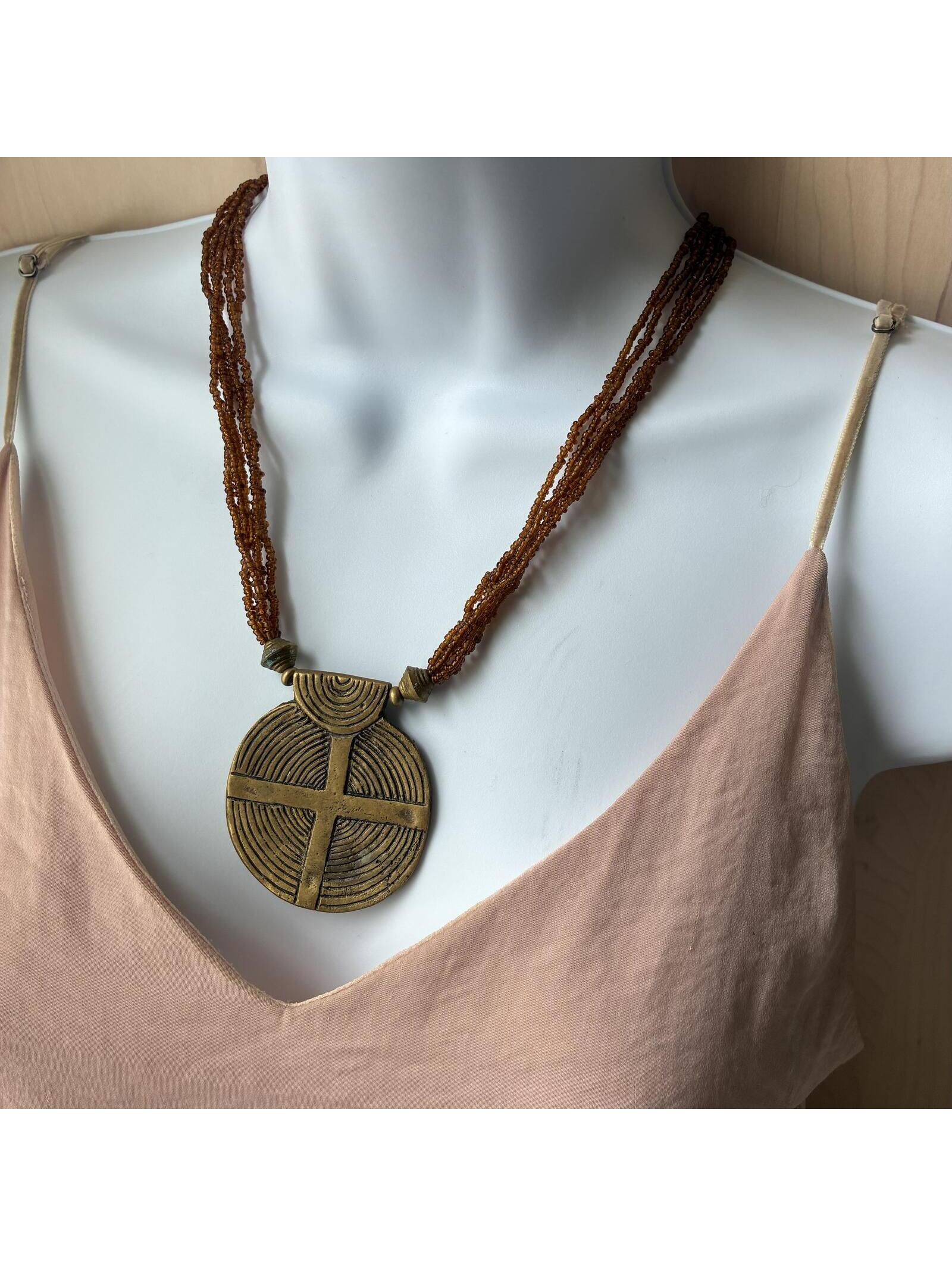 Brass Spiral Pendant With Beaded Necklace Chain